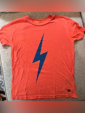 Aviator Nation Orange Tee with Blue Lightning Graphic